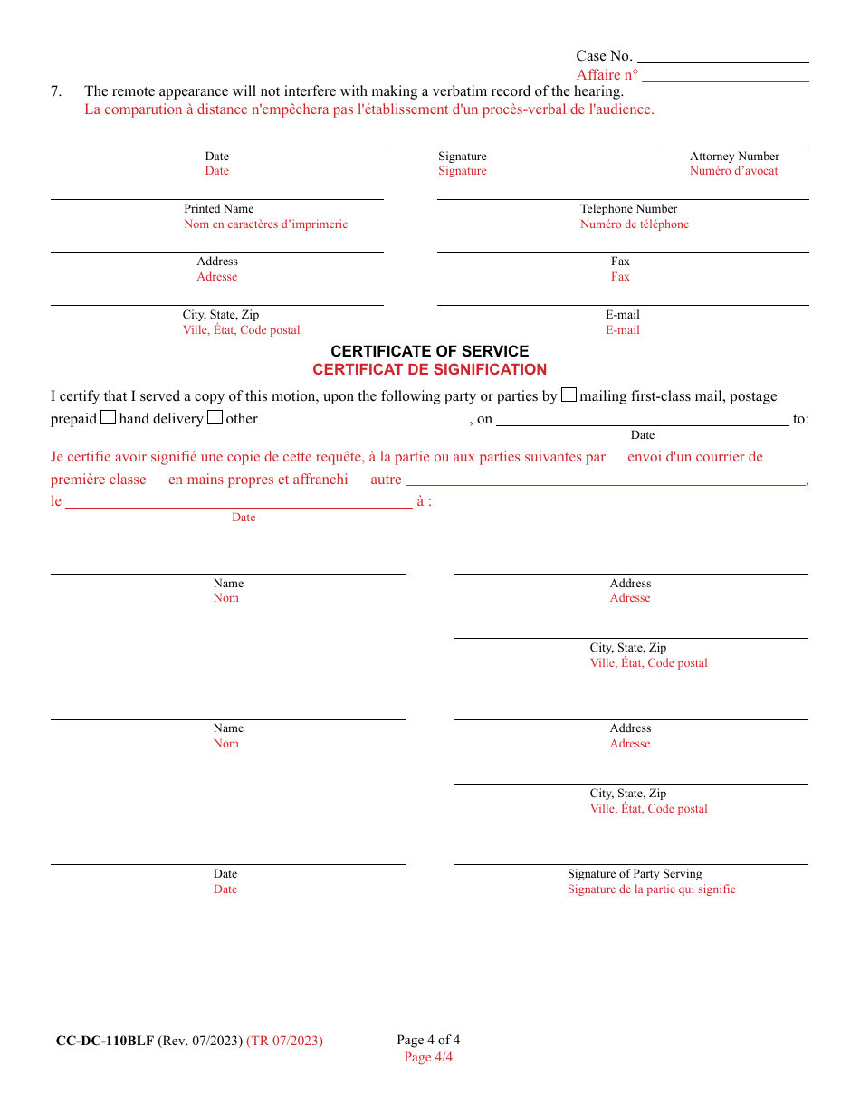 Form CC-DC-110BLF Motion for Remote Proceeding or to Appear Remotely - Maryland (English / French), Page 4