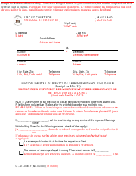 Document preview: Form CC-DR-074BLF Motion for Stay of Service of Earnings Withholding Order - Maryland (English/French)