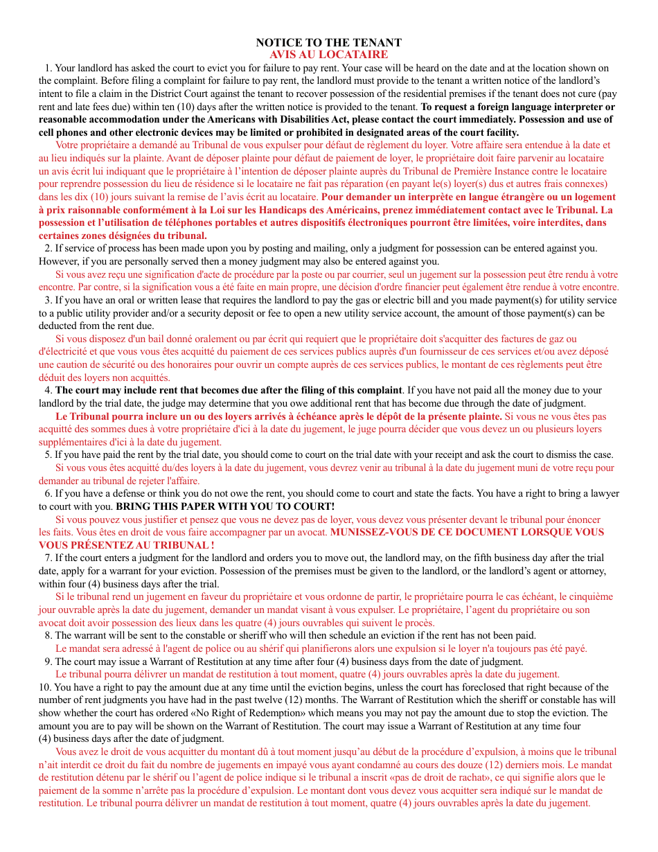 Form DC-CV-082BLF Failure to Pay Rent - Landlords Complaint for Repossession of Rented Property - Maryland (English / French), Page 10