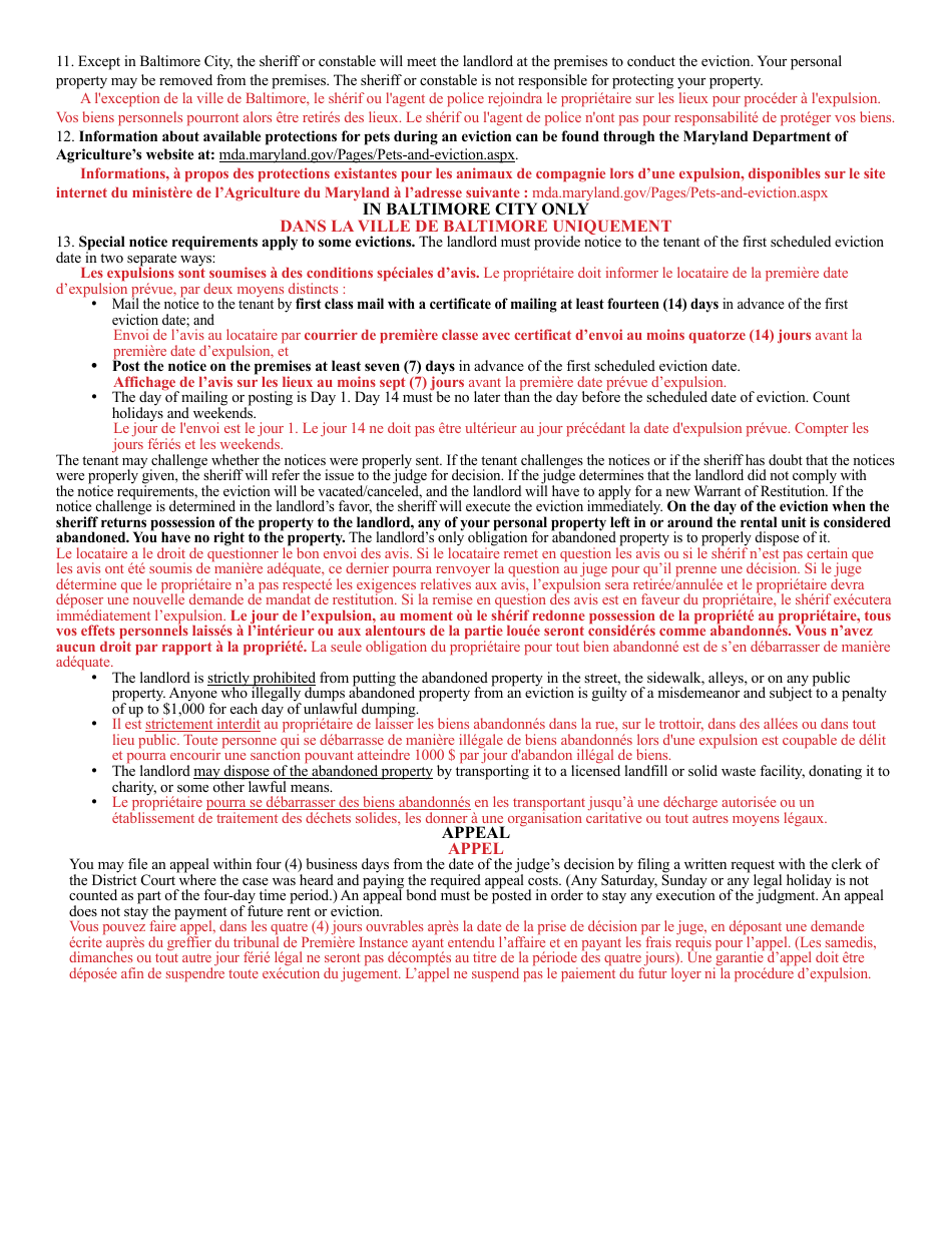 Form DC-CV-082BLF Failure to Pay Rent - Landlords Complaint for Repossession of Rented Property - Maryland (English / French), Page 11