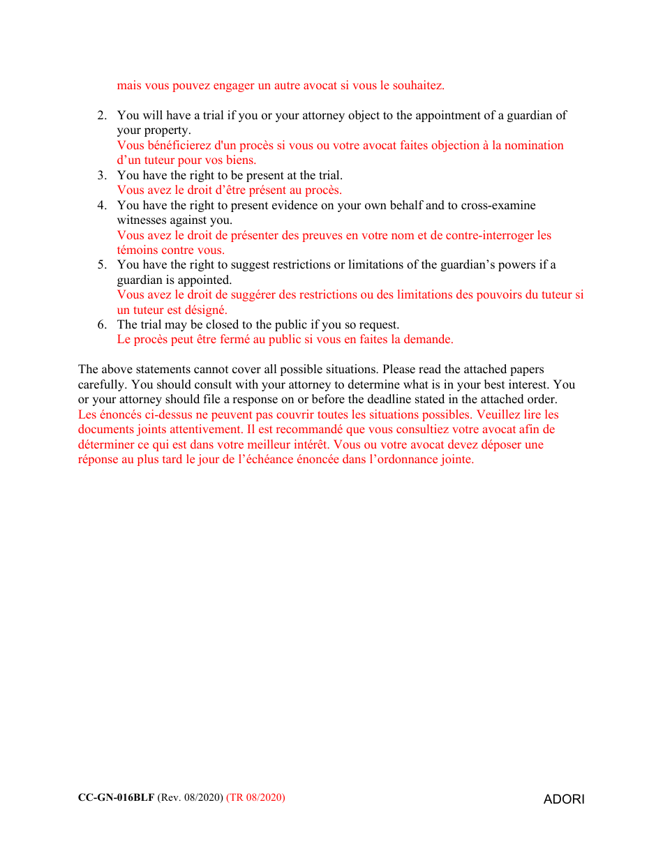 Form CC-GN-016BLF Advice of Rights - Guardian of the Property - Maryland (English / French), Page 2