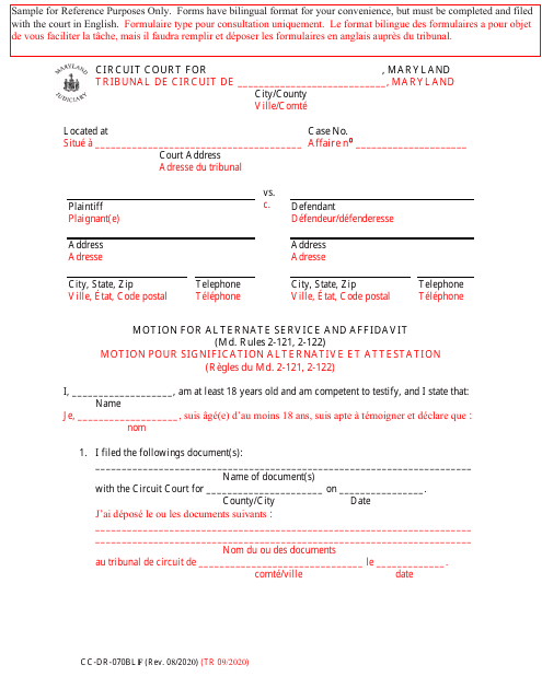 Form CC-DR-070BLF Motion for Alternate Service and Affidavit - Maryland (English/French)
