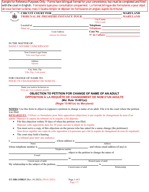 Form CC-DR-115BLF Objection to Petition for Change of Name of an Adult - Maryland (English/French)