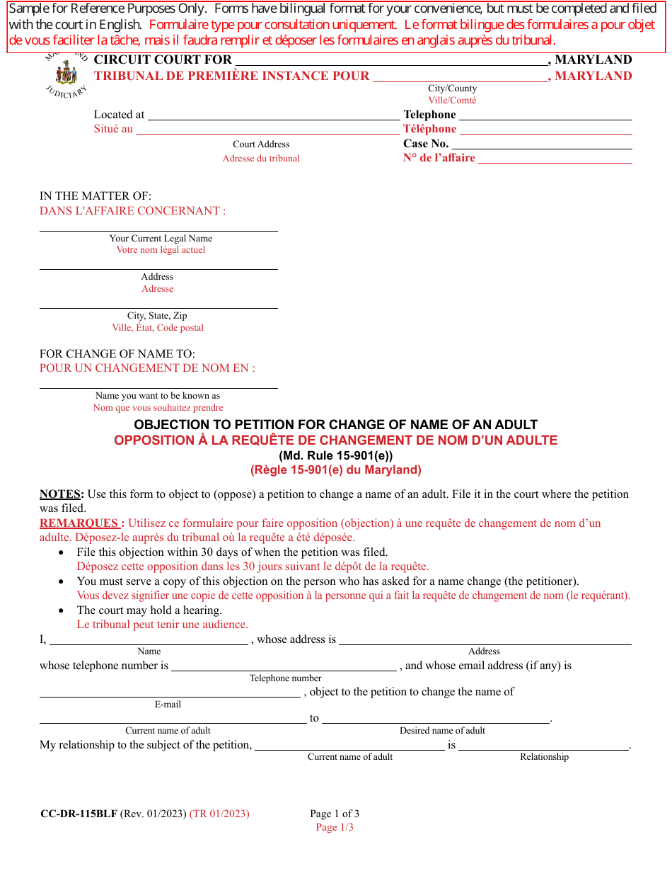 Form CC-DR-115BLF Objection to Petition for Change of Name of an Adult - Maryland (English / French), Page 1