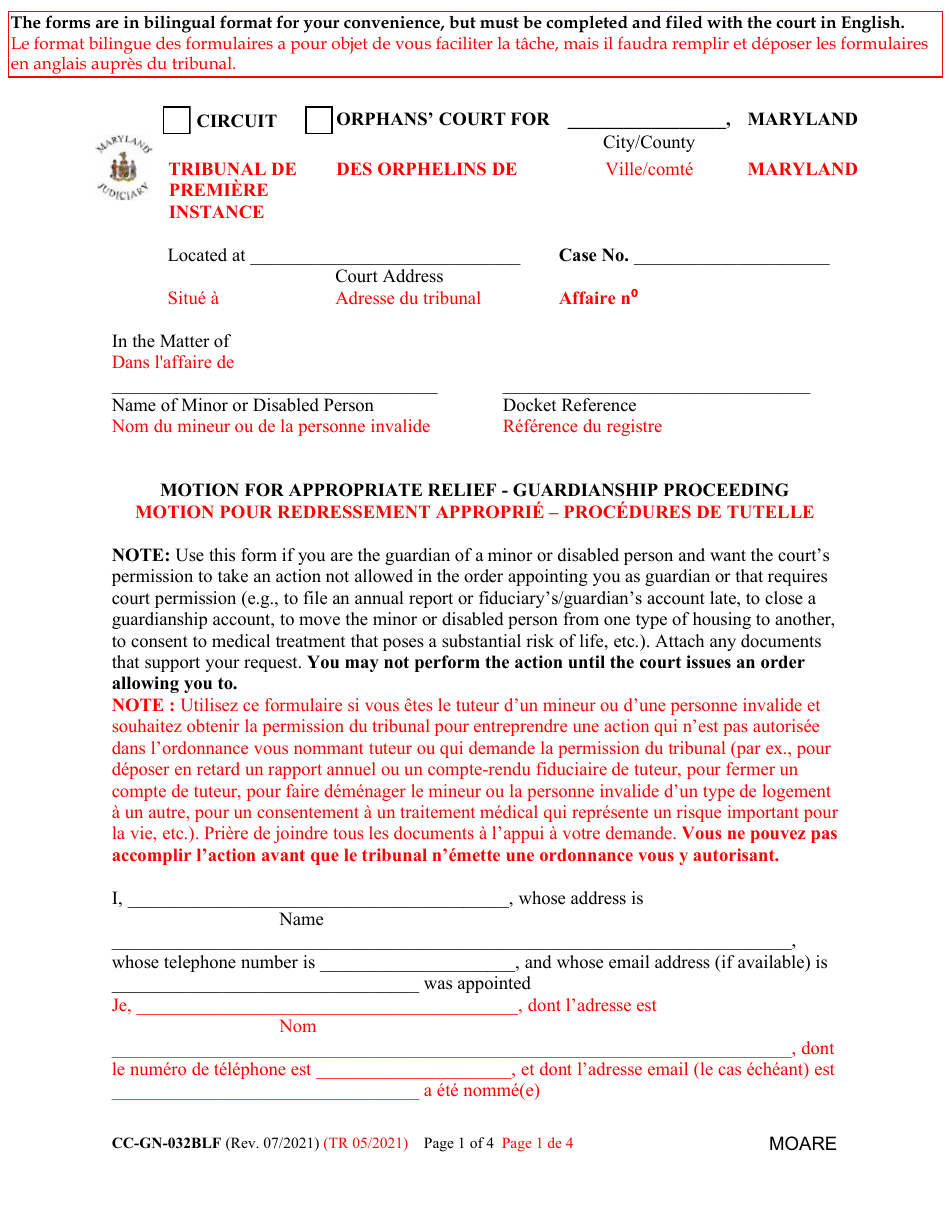 Form CC-GN-032BLF Motion for Appropriate Relief - Guardianship Proceedin - Maryland (English / French), Page 1