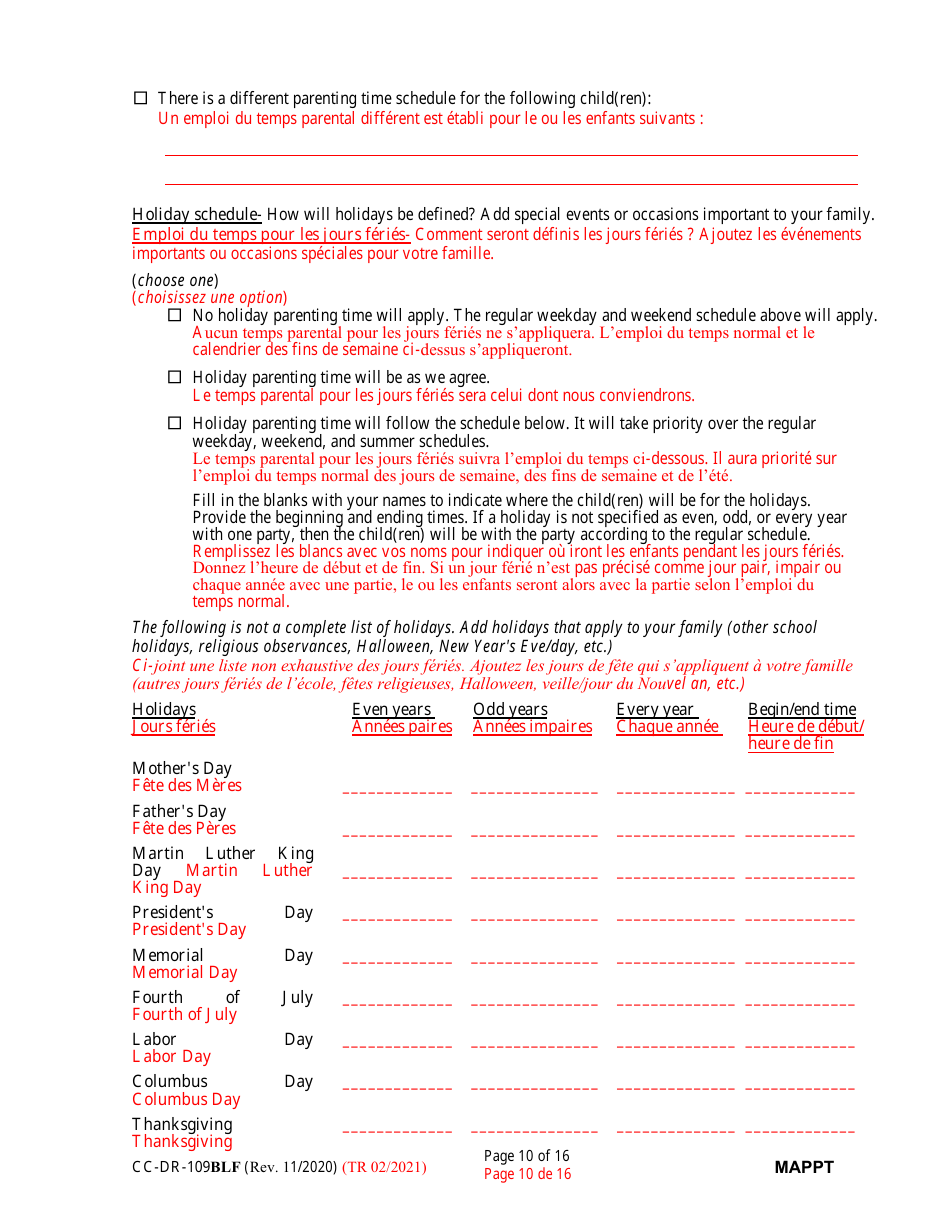 Form CC-DR-109BLF Maryland Parenting Plan Tool - Maryland (English / French), Page 10