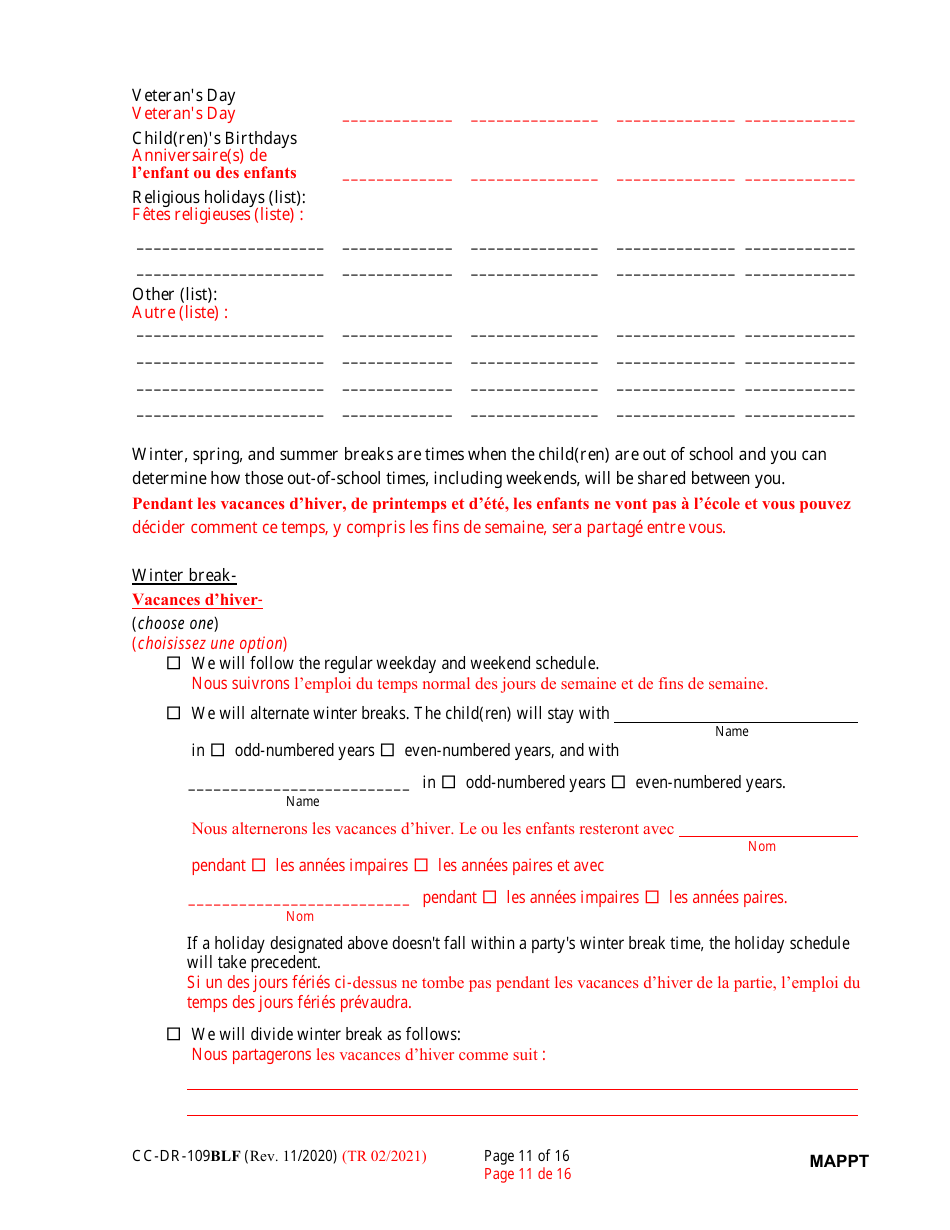 Form CC-DR-109BLF Maryland Parenting Plan Tool - Maryland (English / French), Page 11