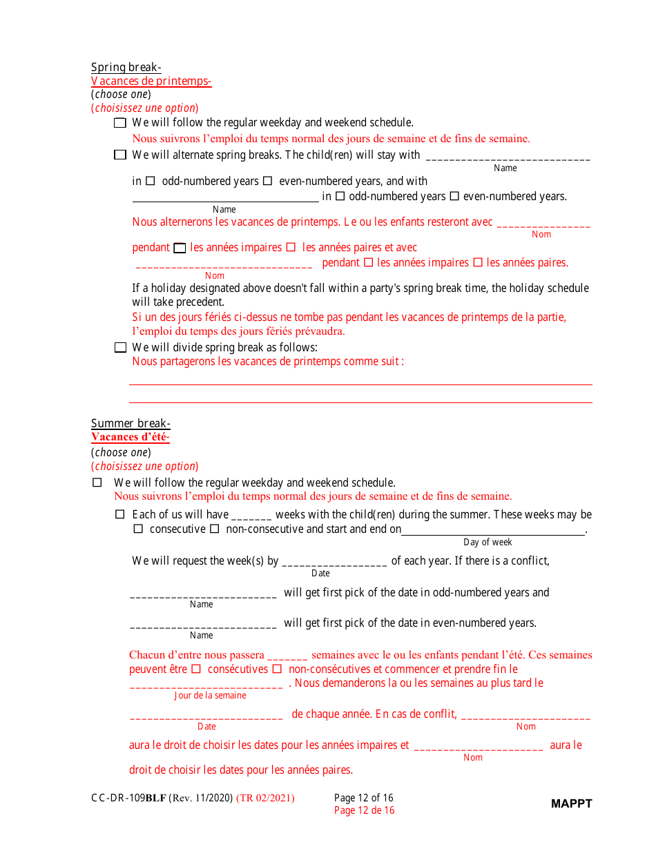 Form CC-DR-109BLF Maryland Parenting Plan Tool - Maryland (English / French), Page 12