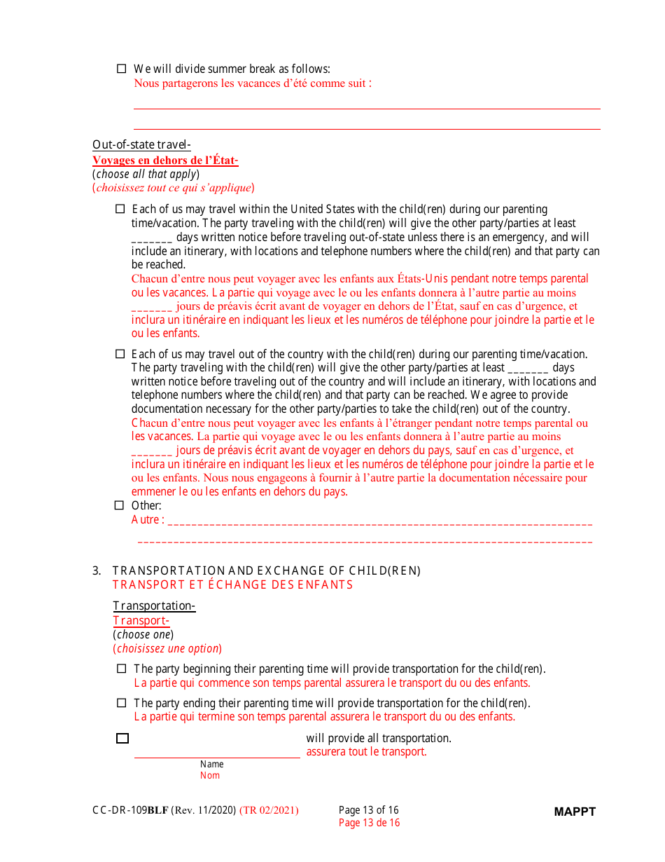Form CC-DR-109BLF Maryland Parenting Plan Tool - Maryland (English / French), Page 13