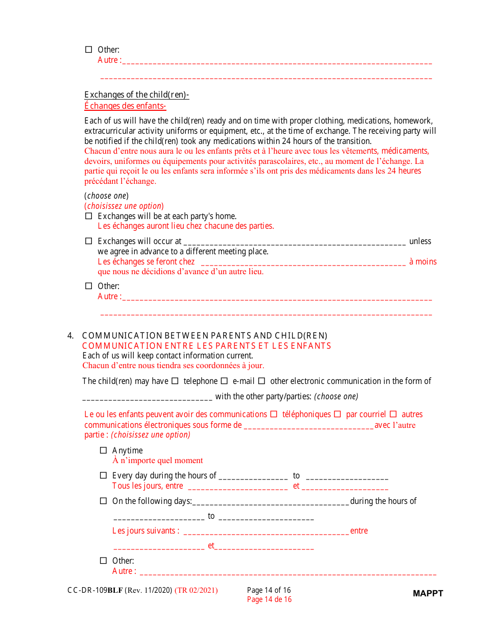 Form CC-DR-109BLF Maryland Parenting Plan Tool - Maryland (English / French), Page 14