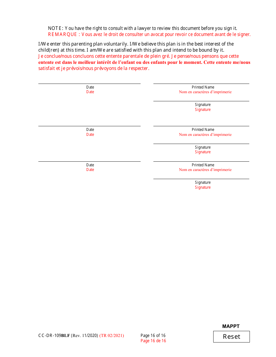 Form CC-DR-109BLF Maryland Parenting Plan Tool - Maryland (English / French), Page 16