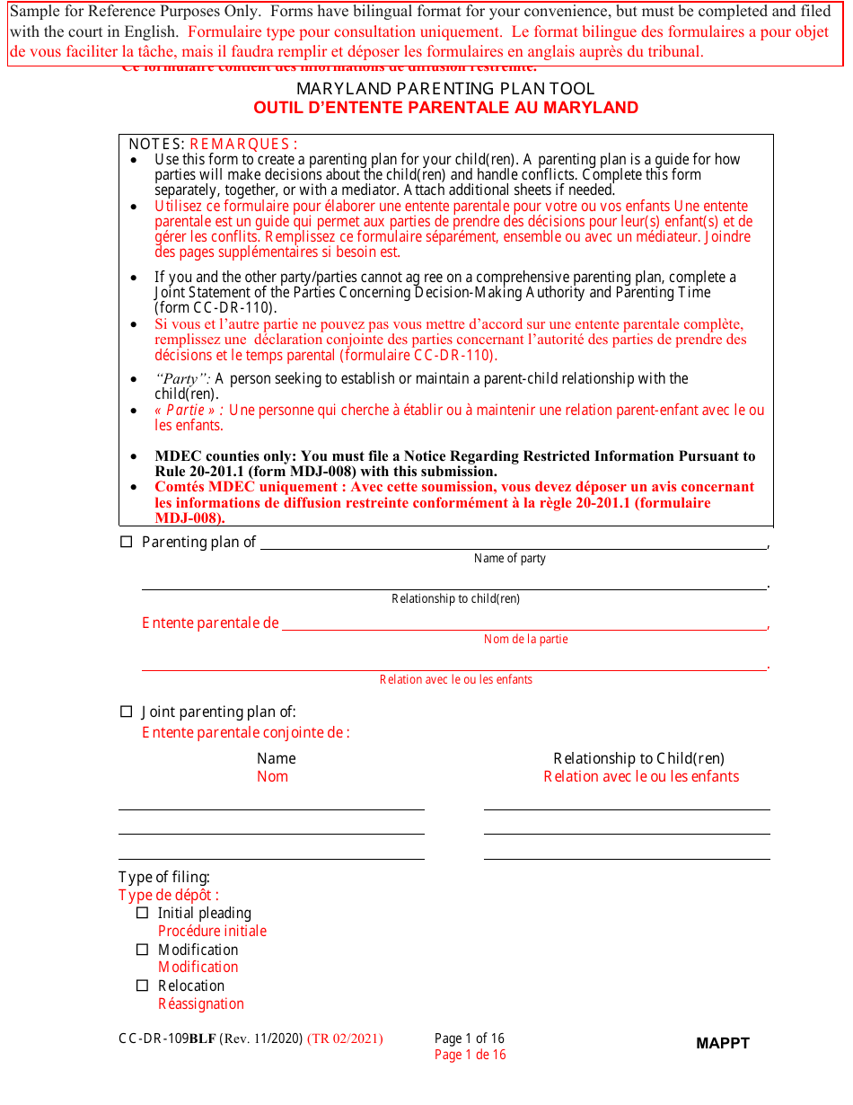 Form CC-DR-109BLF Maryland Parenting Plan Tool - Maryland (English / French), Page 1