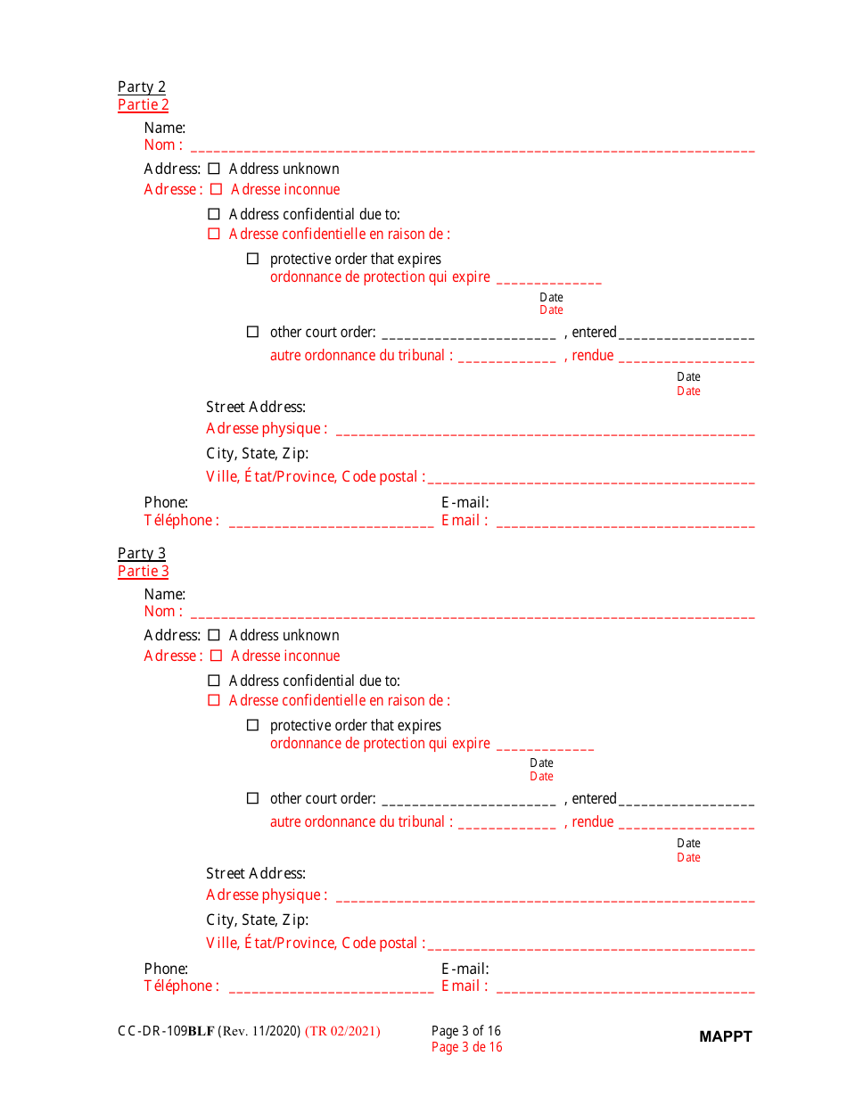 Form CC-DR-109BLF Maryland Parenting Plan Tool - Maryland (English / French), Page 3