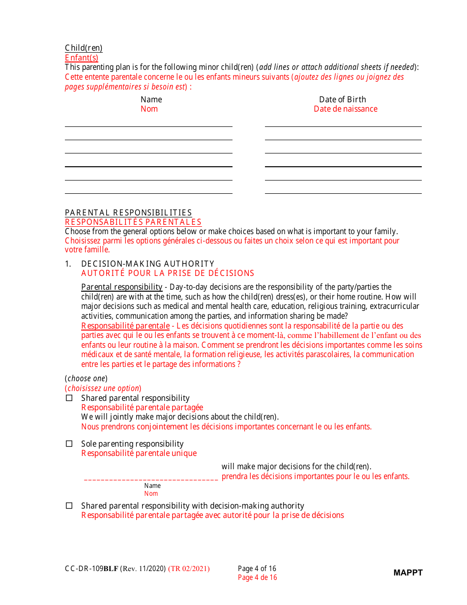 Form CC-DR-109BLF Maryland Parenting Plan Tool - Maryland (English / French), Page 4