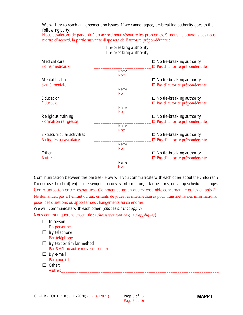 Form CC-DR-109BLF Maryland Parenting Plan Tool - Maryland (English / French), Page 5