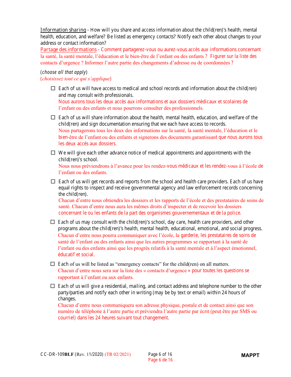 Form CC-DR-109BLF Maryland Parenting Plan Tool - Maryland (English / French), Page 6