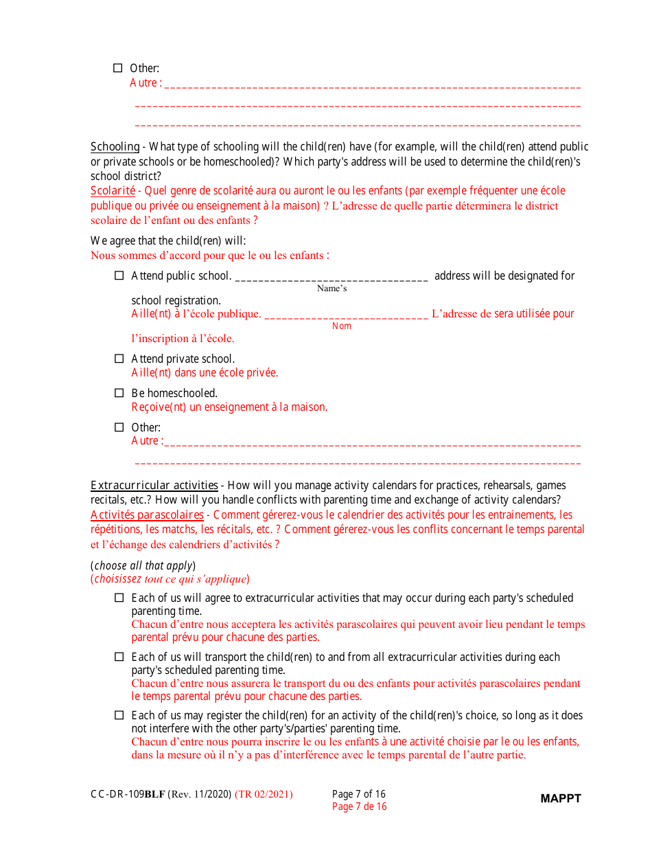 Form CC-DR-109BLF Maryland Parenting Plan Tool - Maryland (English / French), Page 7