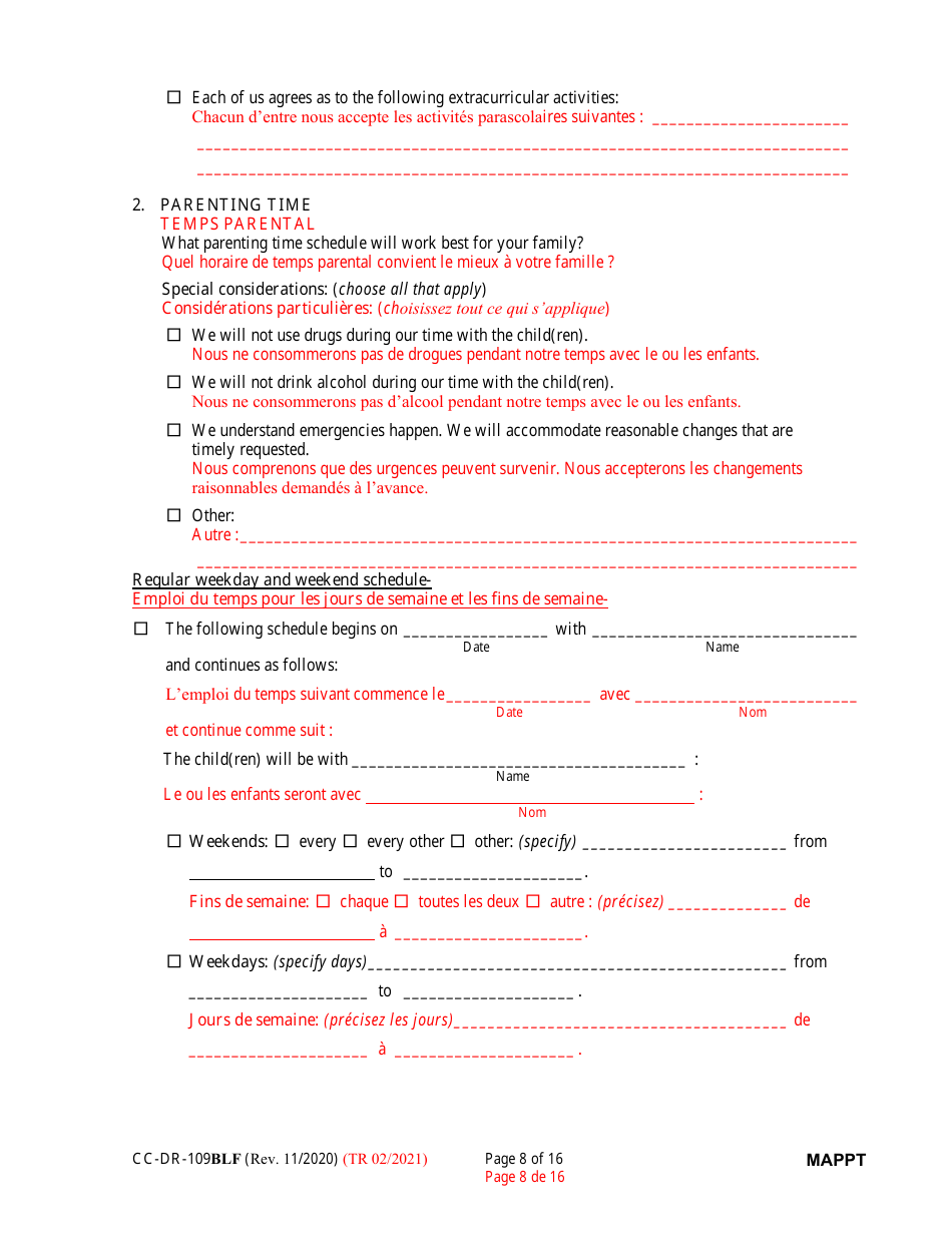 Form CC-DR-109BLF Maryland Parenting Plan Tool - Maryland (English / French), Page 8
