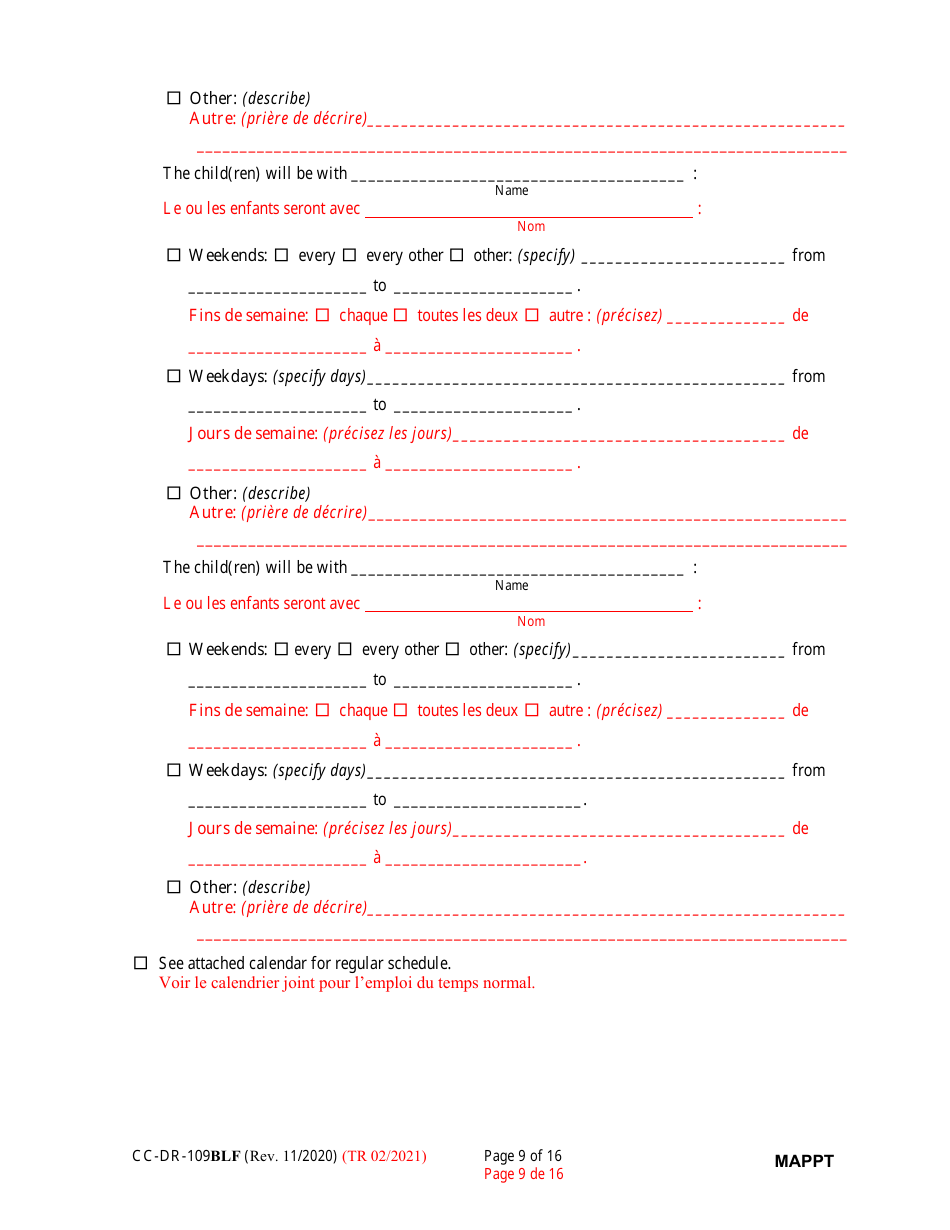 Form CC-DR-109BLF Maryland Parenting Plan Tool - Maryland (English / French), Page 9