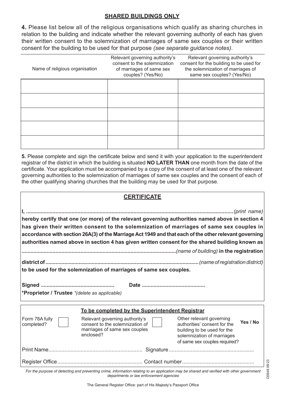 Form 78A Certificate That Consent Has Been Given by the Relevant Governing Authority (Or Authorities) for a Building to Be Registered for the Solemnization of Marriages of Same Sex Couples - United Kingdom, Page 2