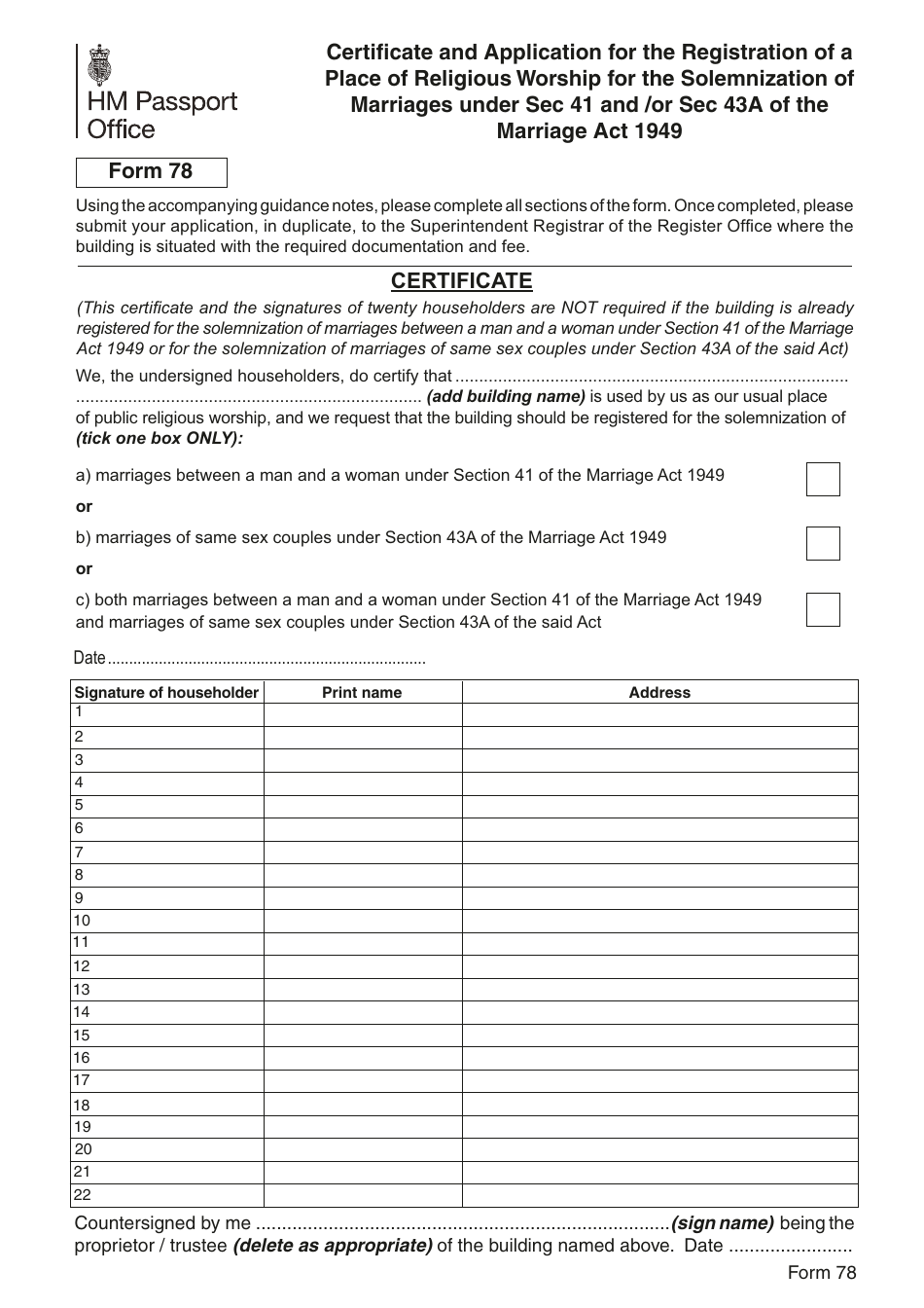 Form 78 Certificate and Application for the Registration of a Place of Religious Worship for the Solemnization of Marriages Under SEC 41 and / or SEC 43a of the Marriage Act 1949 - United Kingdom, Page 1