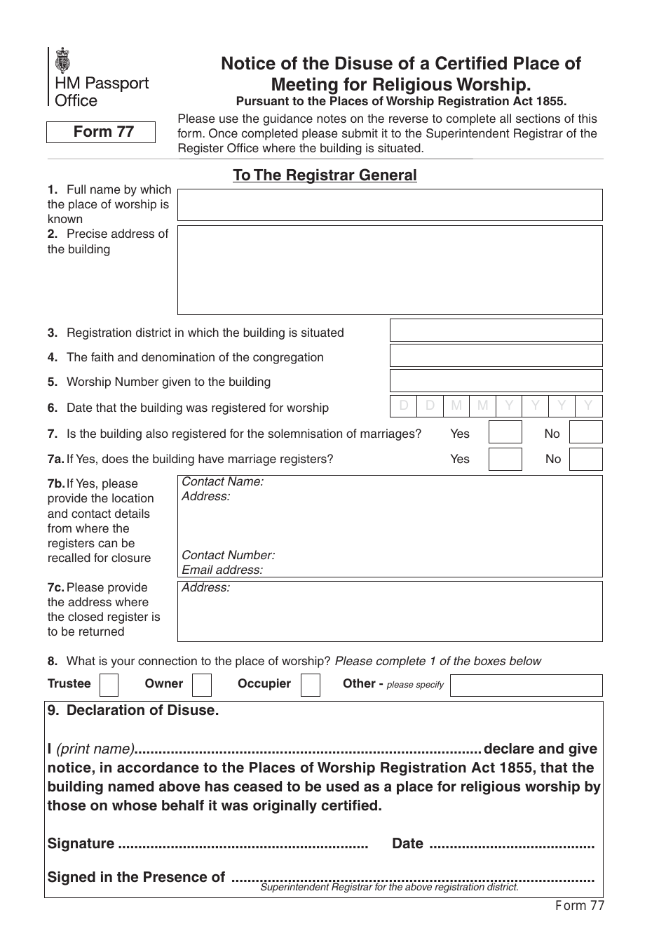 Form 77 Notice of the Disuse of a Certifi Ed Place of Meeting for Religious Worship - United Kingdom, Page 1