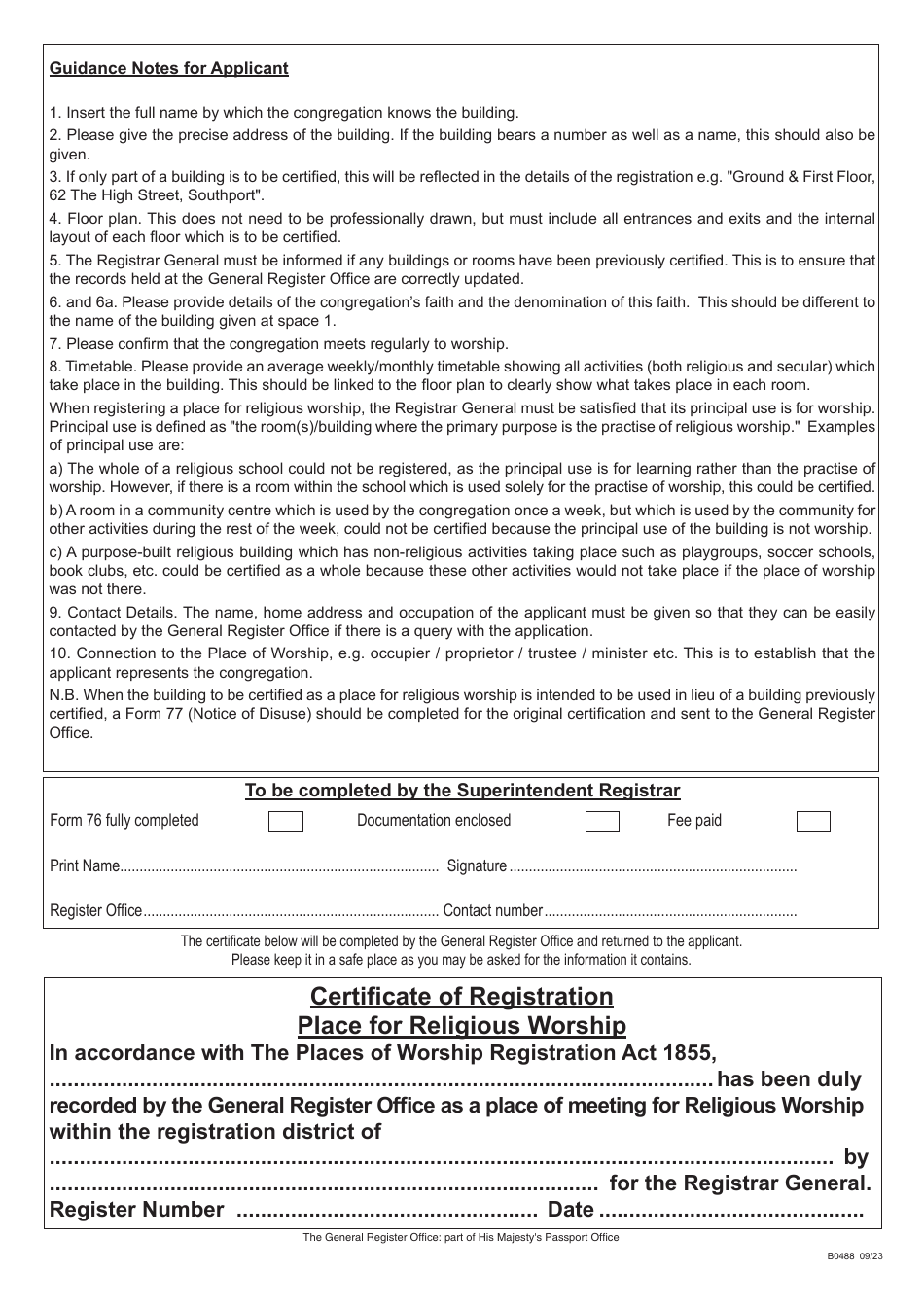 Form 76 Form for Certifying a Place of Meeting for Religious Worship Under the Places of Worship Registration Act 1855 - United Kingdom, Page 2