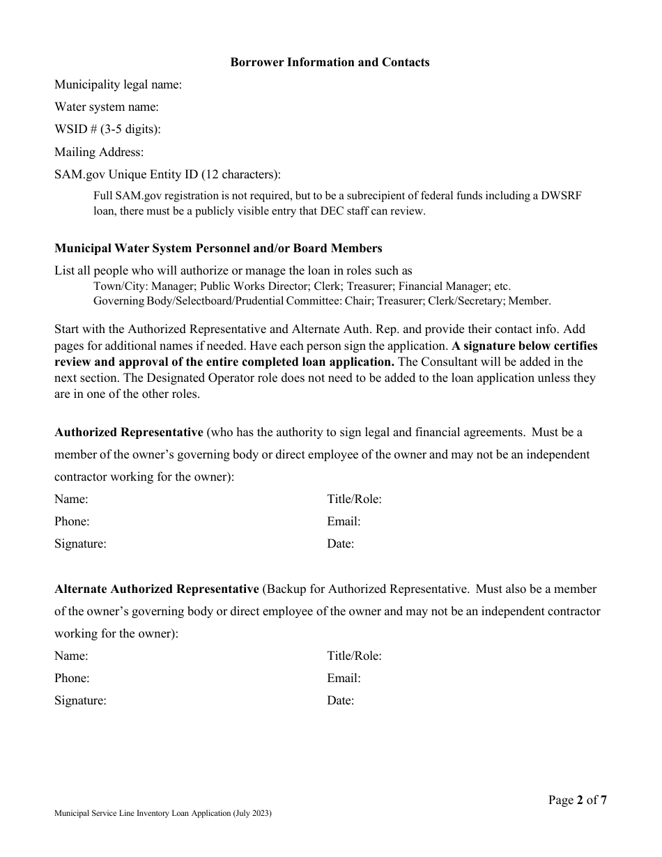 Vermont Drinking Water State Revolving Fund (Dwsrf) Service Line Inventory Loan Application - Municipal Water System Version - Vermont, Page 2