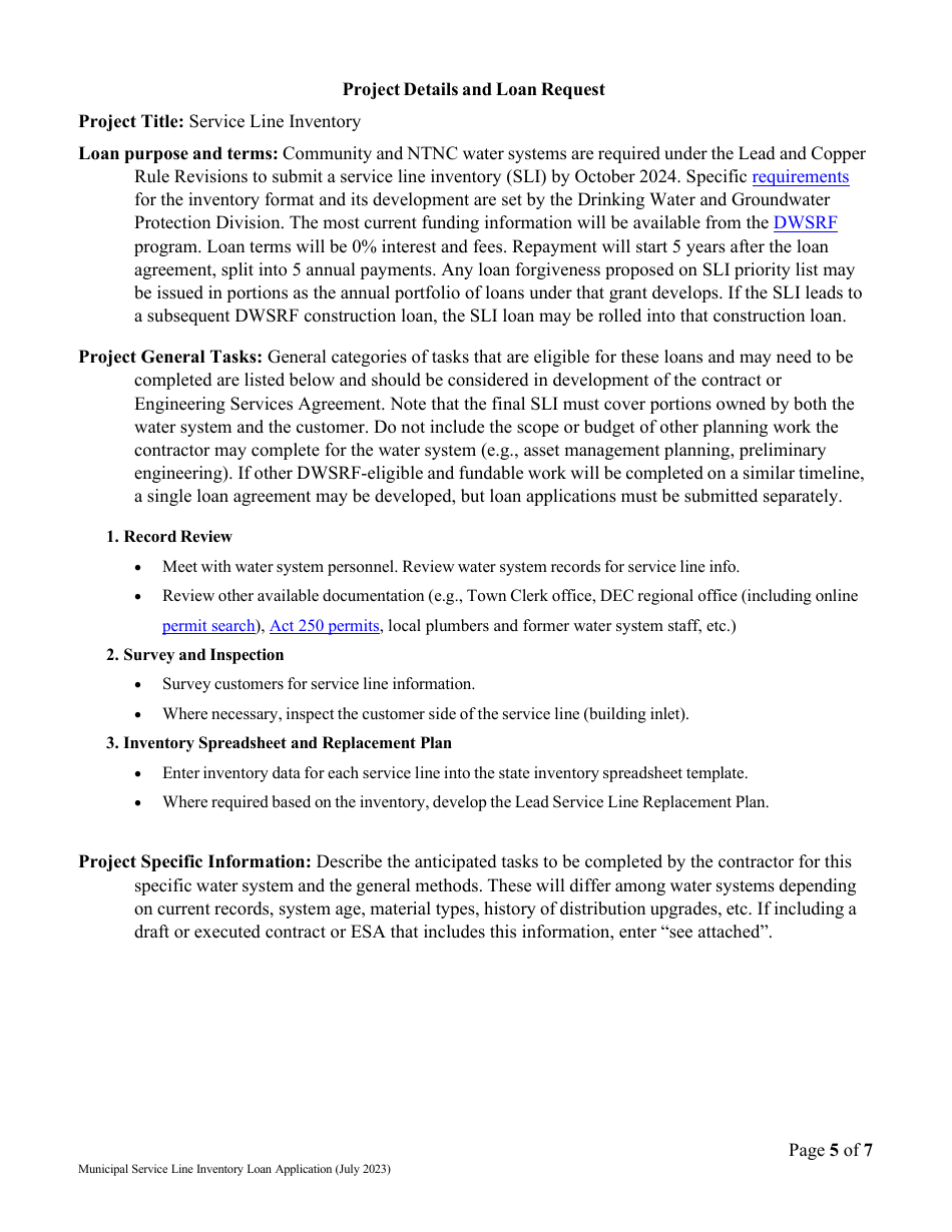 Vermont Drinking Water State Revolving Fund (Dwsrf) Service Line Inventory Loan Application - Municipal Water System Version - Vermont, Page 5