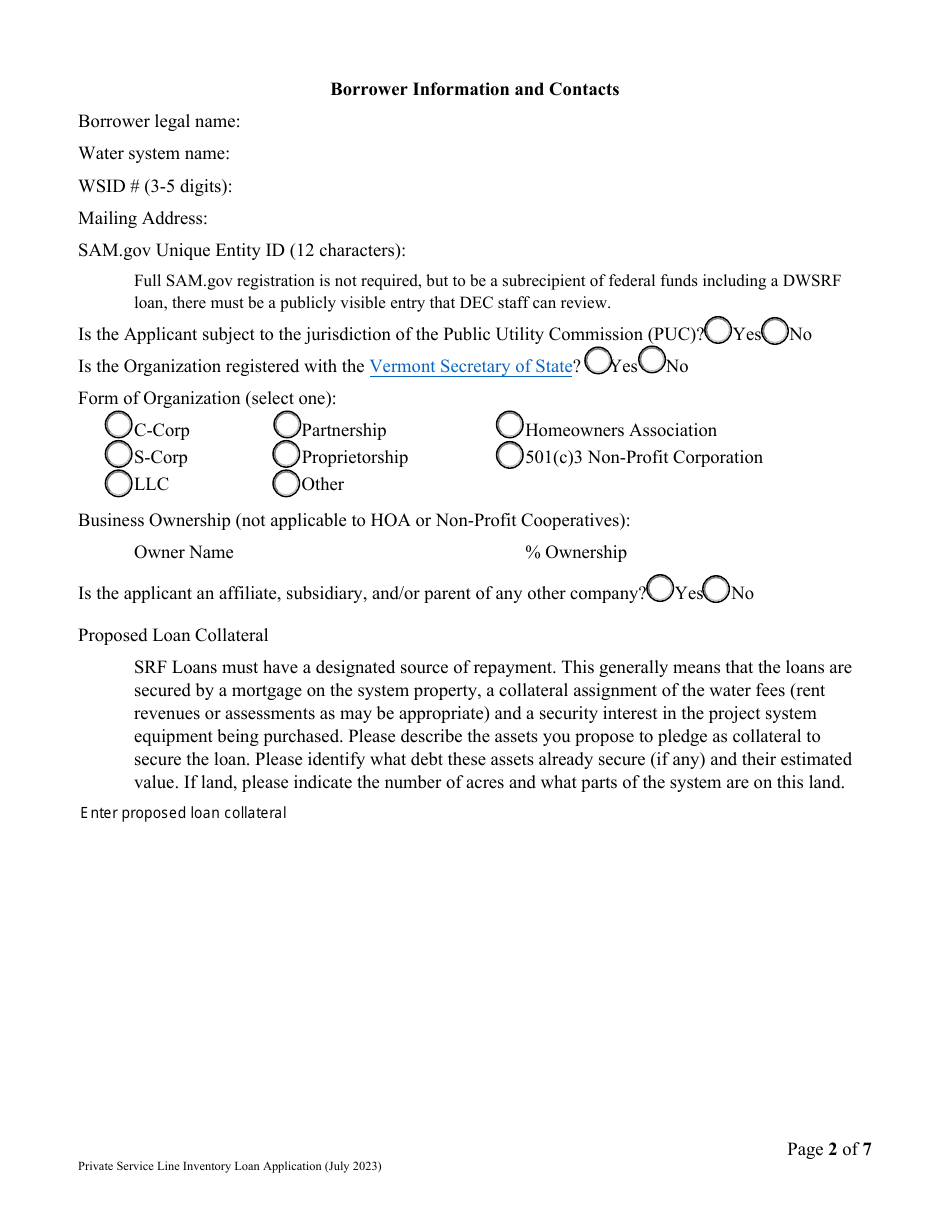 Vermont Drinking Water State Revolving Fund (Dwsrf) Service Line Inventory Loan Application - Private Water System Version - Vermont, Page 2