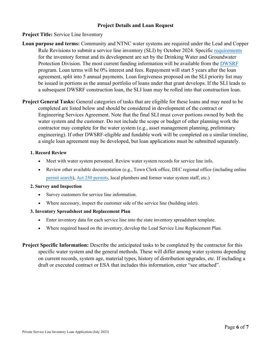 Vermont Drinking Water State Revolving Fund (Dwsrf) Service Line Inventory Loan Application - Private Water System Version - Vermont, Page 6