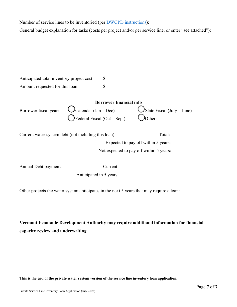 Vermont Drinking Water State Revolving Fund (Dwsrf) Service Line Inventory Loan Application - Private Water System Version - Vermont, Page 7
