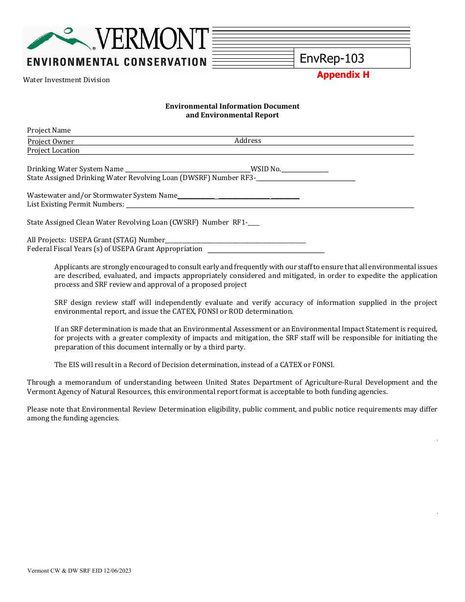 Appendix H Environmental Information Document and Environmental Report - Vermont, Page 1