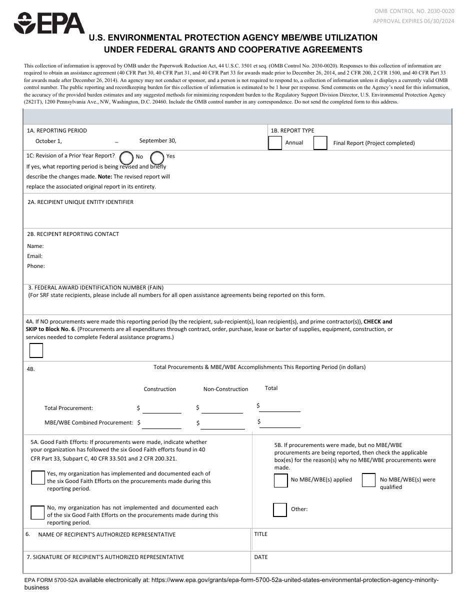 EPA Form 5700-52A Mbe / Wbe Utilization Under Federal Grants and Cooperative Agreements, Page 1