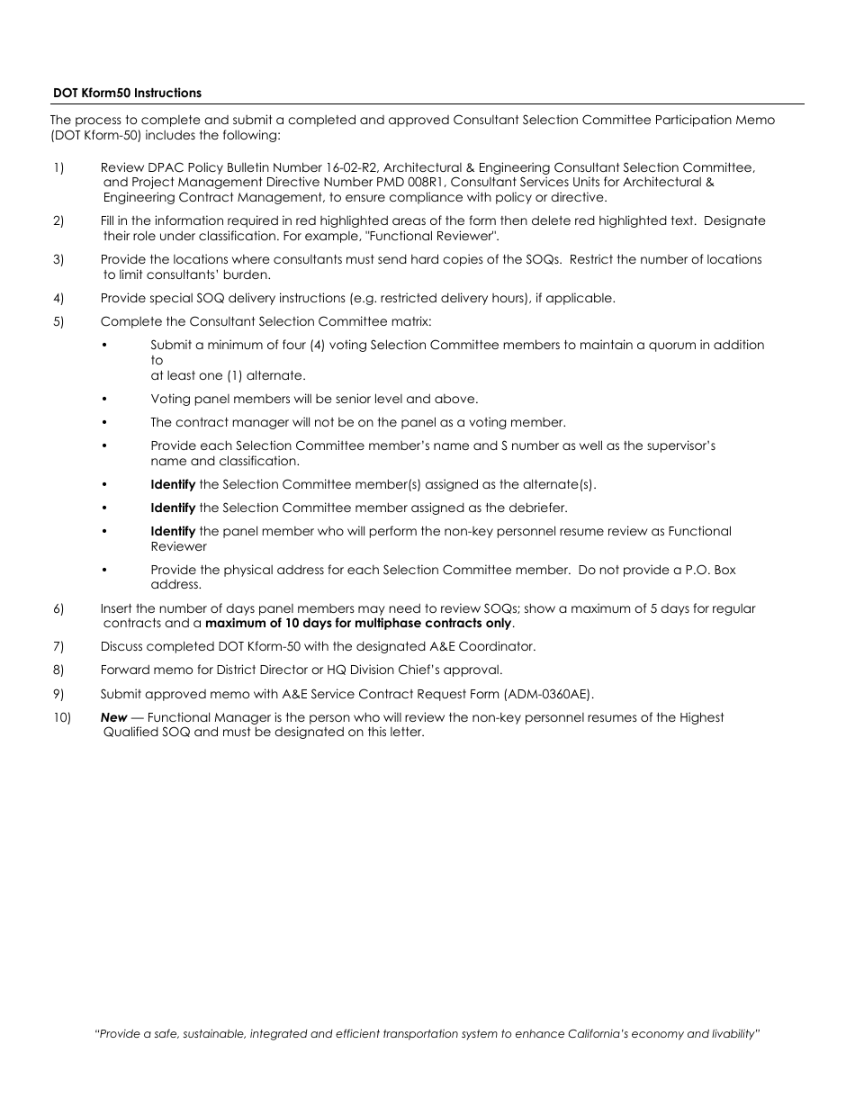 DOT K Form 50 Consultant Selection Committee - California, Page 1