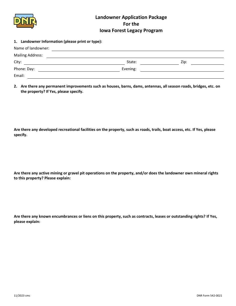 DNR Form 542-0021 Landowner Application Package for the Iowa Forest Legacy Program - Iowa, Page 1