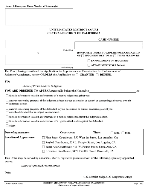 Form CV-4P ORDER Order on Application for Appearance and Examination (Enforcement of Judgment/Attachment) - California