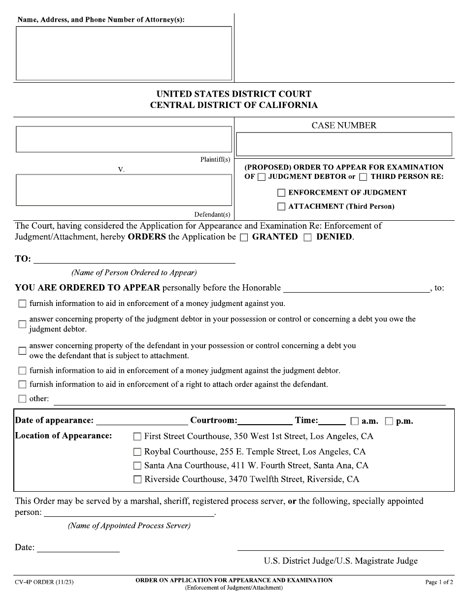 Form CV-4P ORDER Order on Application for Appearance and Examination (Enforcement of Judgment / Attachment) - California, Page 1