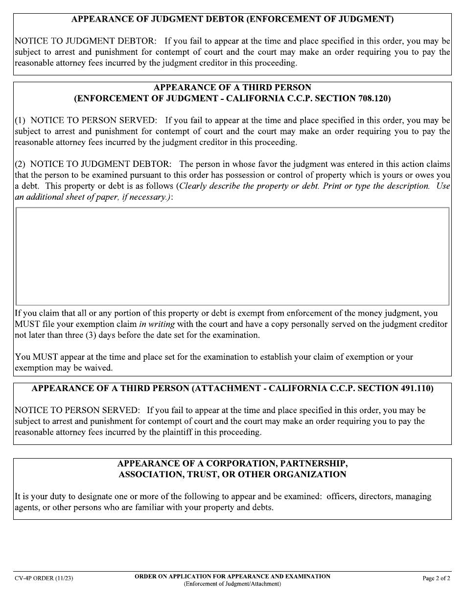 Form CV-4P ORDER Order on Application for Appearance and Examination (Enforcement of Judgment / Attachment) - California, Page 2