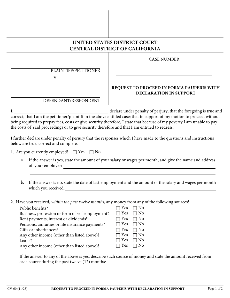 Form CV-60 Request to Proceed in Forma Pauperis With Declaration in Support - California, Page 1