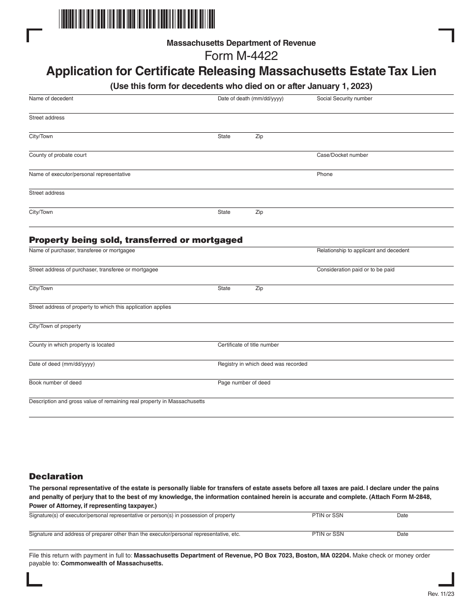 Form M-4422 Application for Certificate Releasing Massachusetts Estate Tax Lien - for Decedents Who Died on or After 1 / 1 / 23 - Massachusetts, Page 1