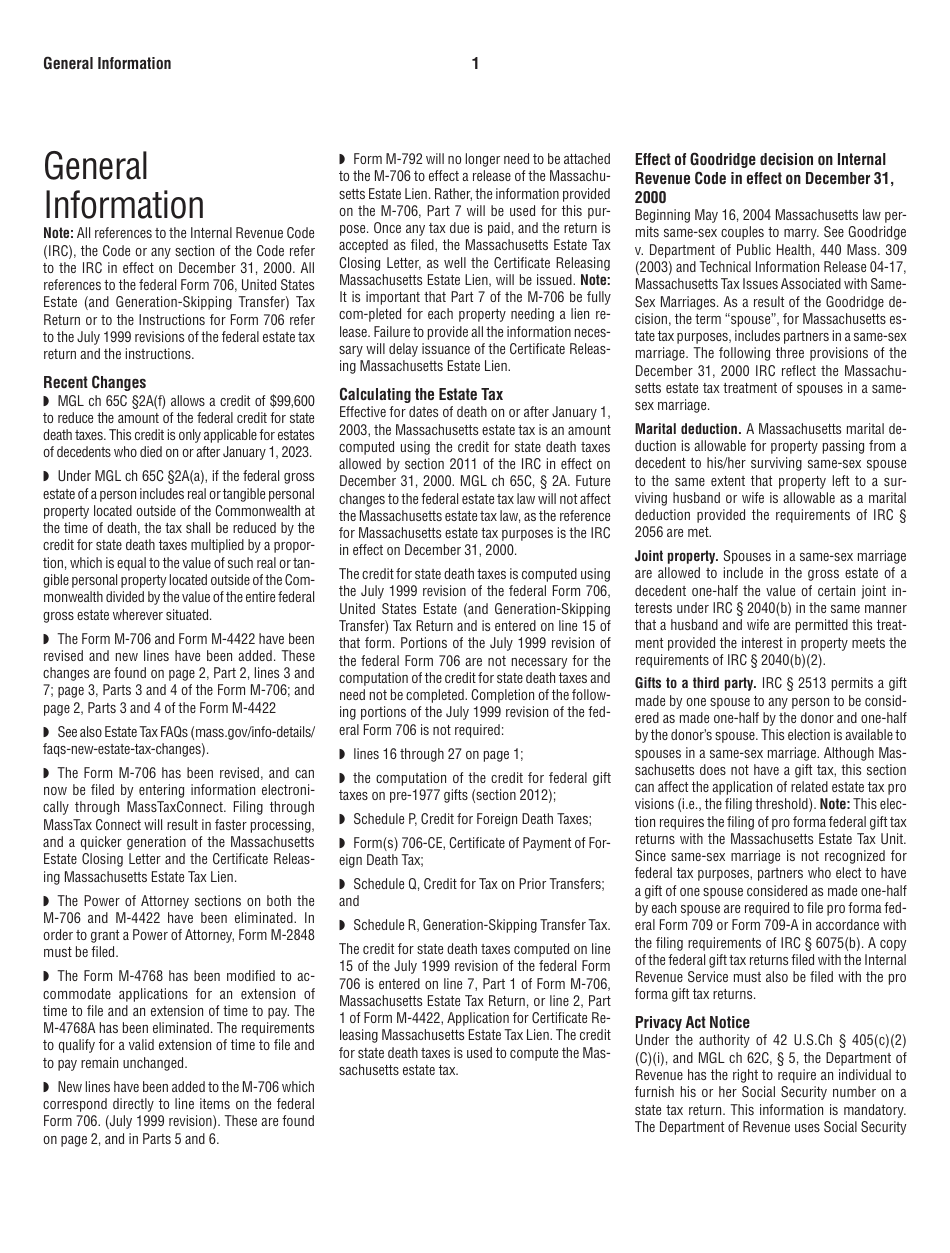 Instructions for Form M-706 Massachusetts Estate Tax Return - for Decedents Who Died on or After 1 / 1 / 23 - Massachusetts, Page 2