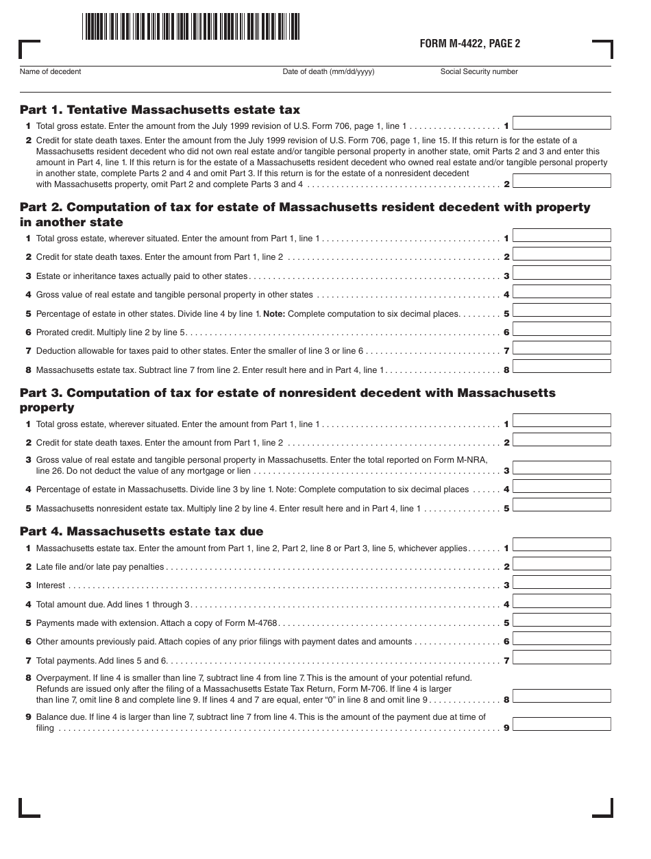 Form M-4422 Application for Certificate Releasing Massachusetts Estate Tax Lien - for Decedents Who Died Prior to 1 / 1 / 23 - Massachusetts, Page 2
