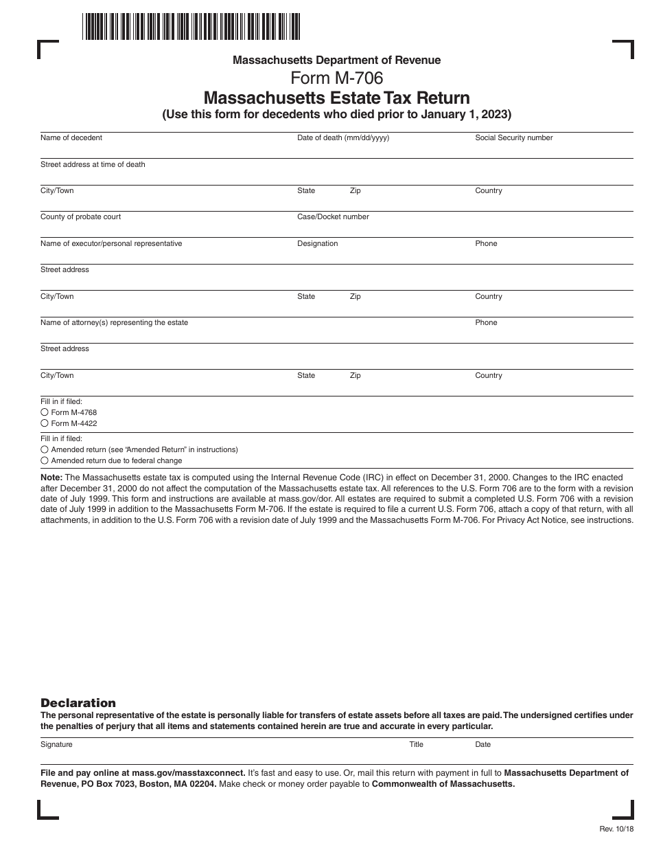 Form M-706 Massachusetts Estate Tax Return - for Decedents Who Died Prior to 1 / 1 / 23 - Massachusetts, Page 1