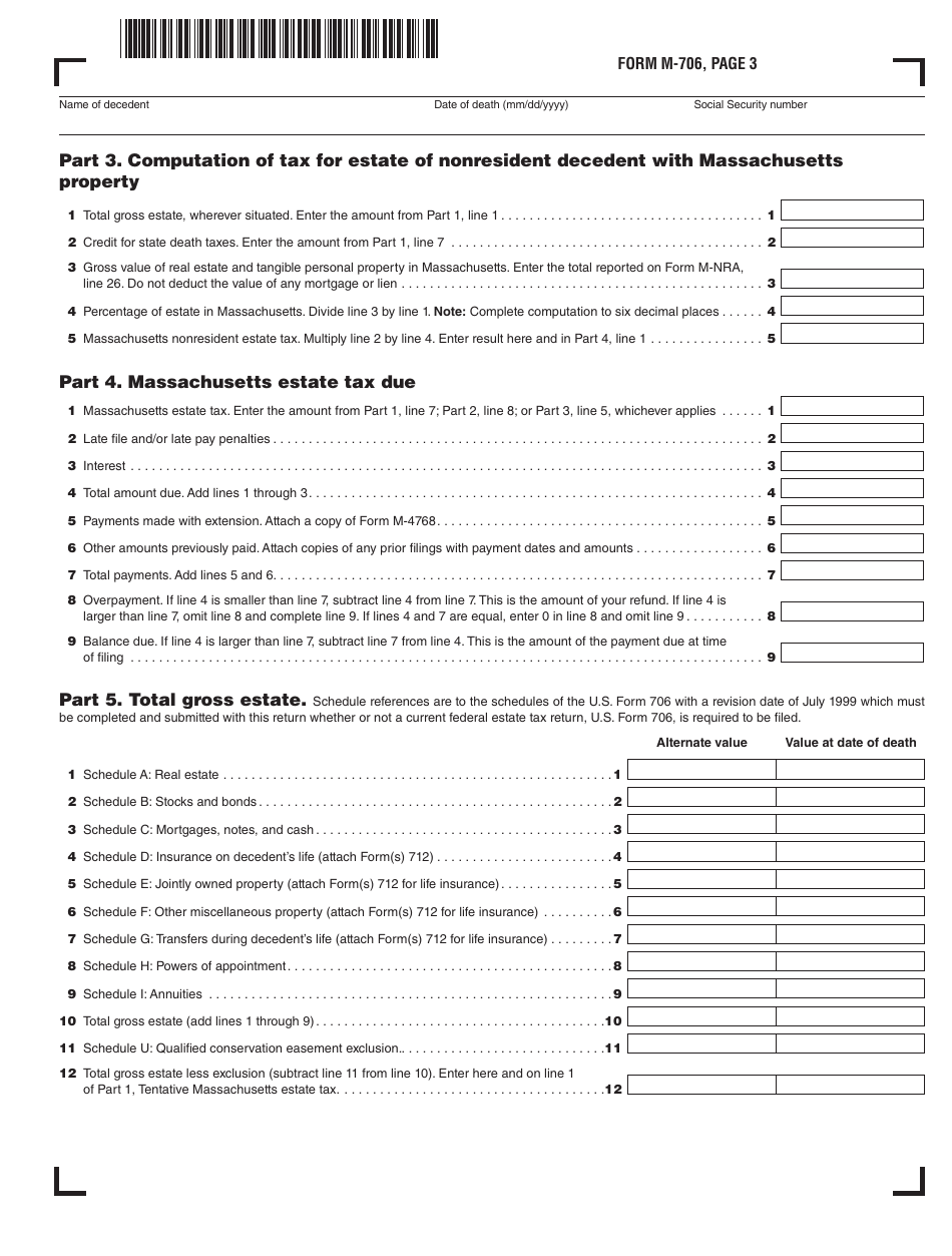 Form M-706 Massachusetts Estate Tax Return - for Decedents Who Died Prior to 1 / 1 / 23 - Massachusetts, Page 3