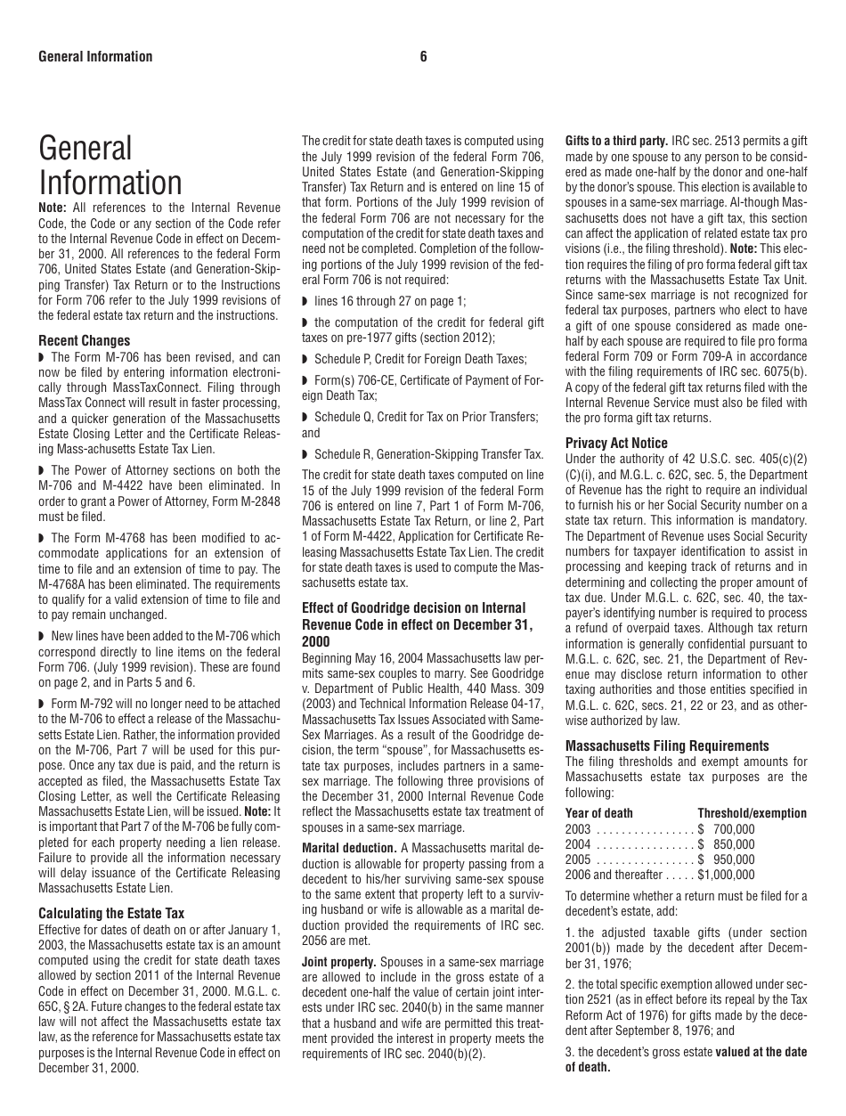 Form M-706 Massachusetts Estate Tax Return - for Decedents Who Died Prior to 1 / 1 / 23 - Massachusetts, Page 6