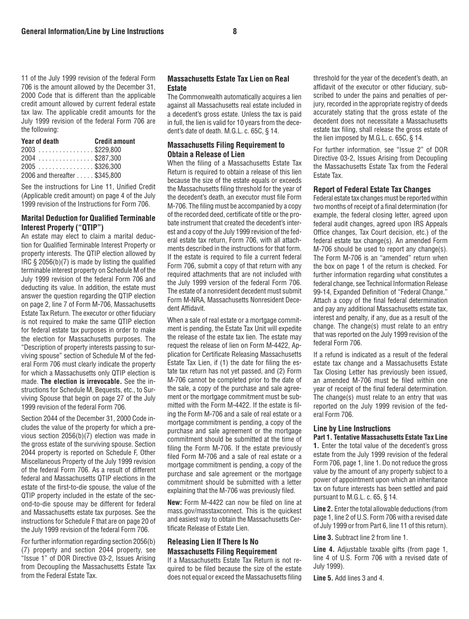 Form M-706 Massachusetts Estate Tax Return - for Decedents Who Died Prior to 1 / 1 / 23 - Massachusetts, Page 8