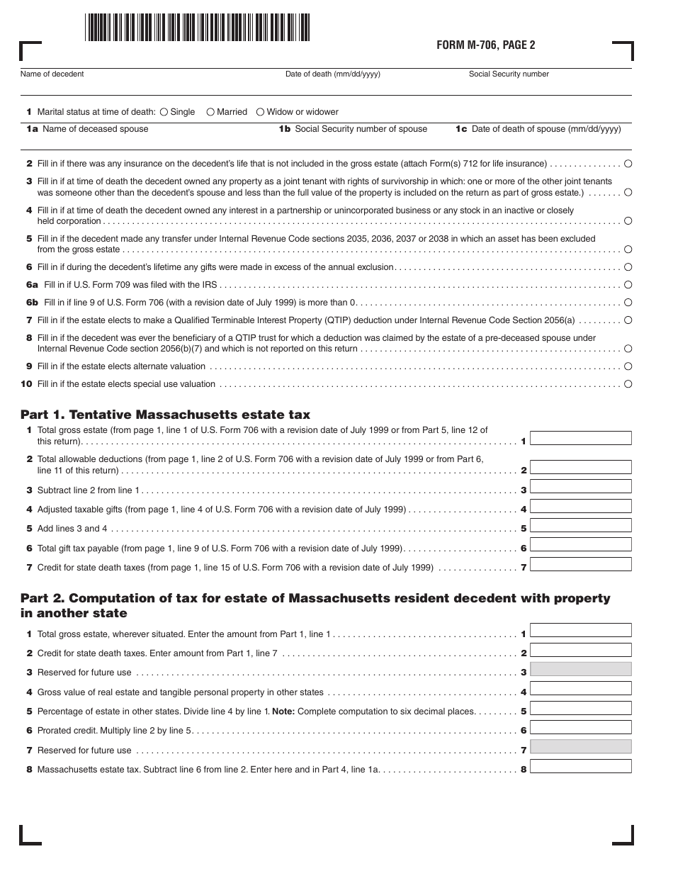 Form M 706 Download Printable Pdf Or Fill Online Massachusetts Estate Tax Return For Decedents 3025