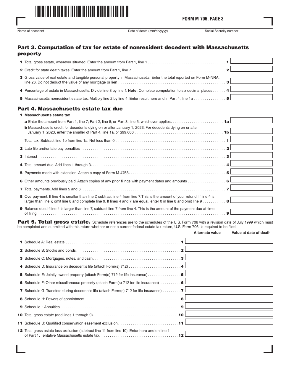 Form M-706 Massachusetts Estate Tax Return - for Decedents Who Died on or After 1 / 1 / 23 - Massachusetts, Page 3