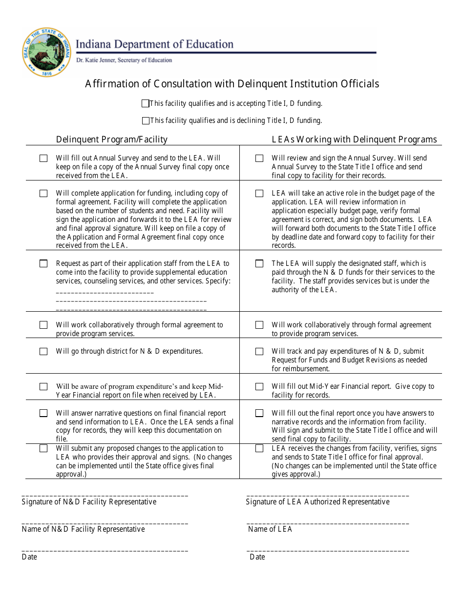 Affirmation of Consultation With Delinquent Institution Officials - Indiana, Page 1